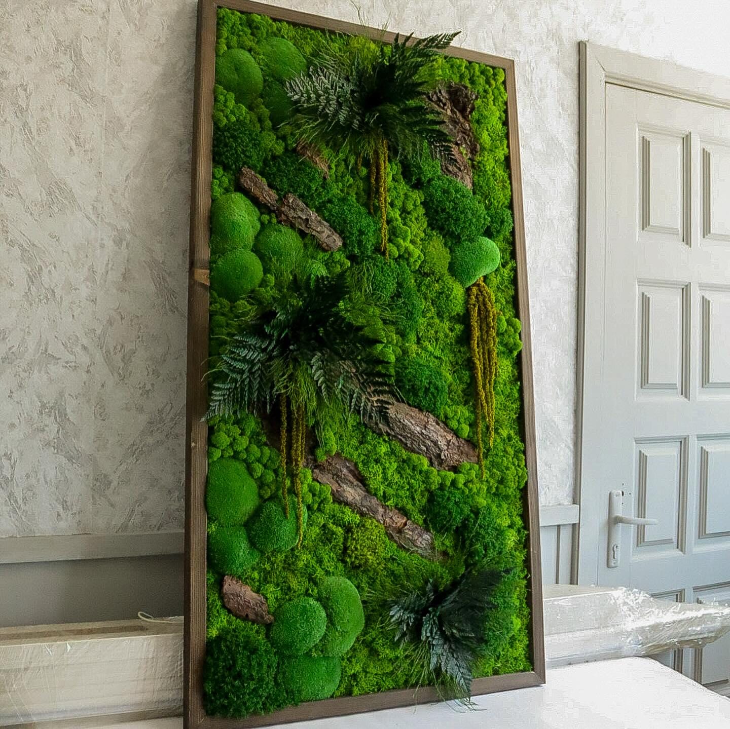 Moss Wood Art, Verdant Symphony: Moss, Bark, Fern & Tiks Grass Wall Art | Handmade Nature-Inspired Botanical Decor, Eco-Friendly