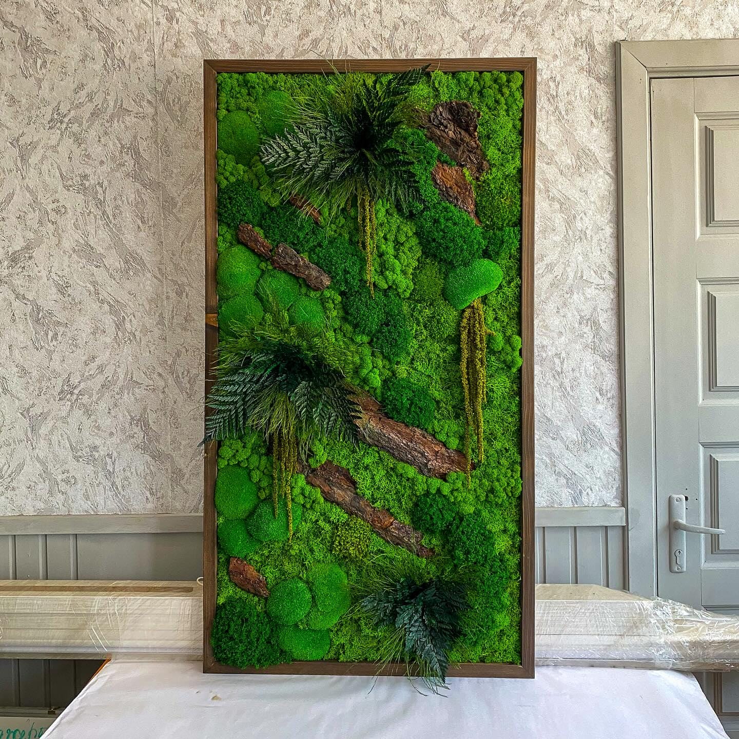 Moss Wood Art, Verdant Symphony: Moss, Bark, Fern & Tiks Grass Wall Art | Handmade Nature-Inspired Botanical Decor, Eco-Friendly