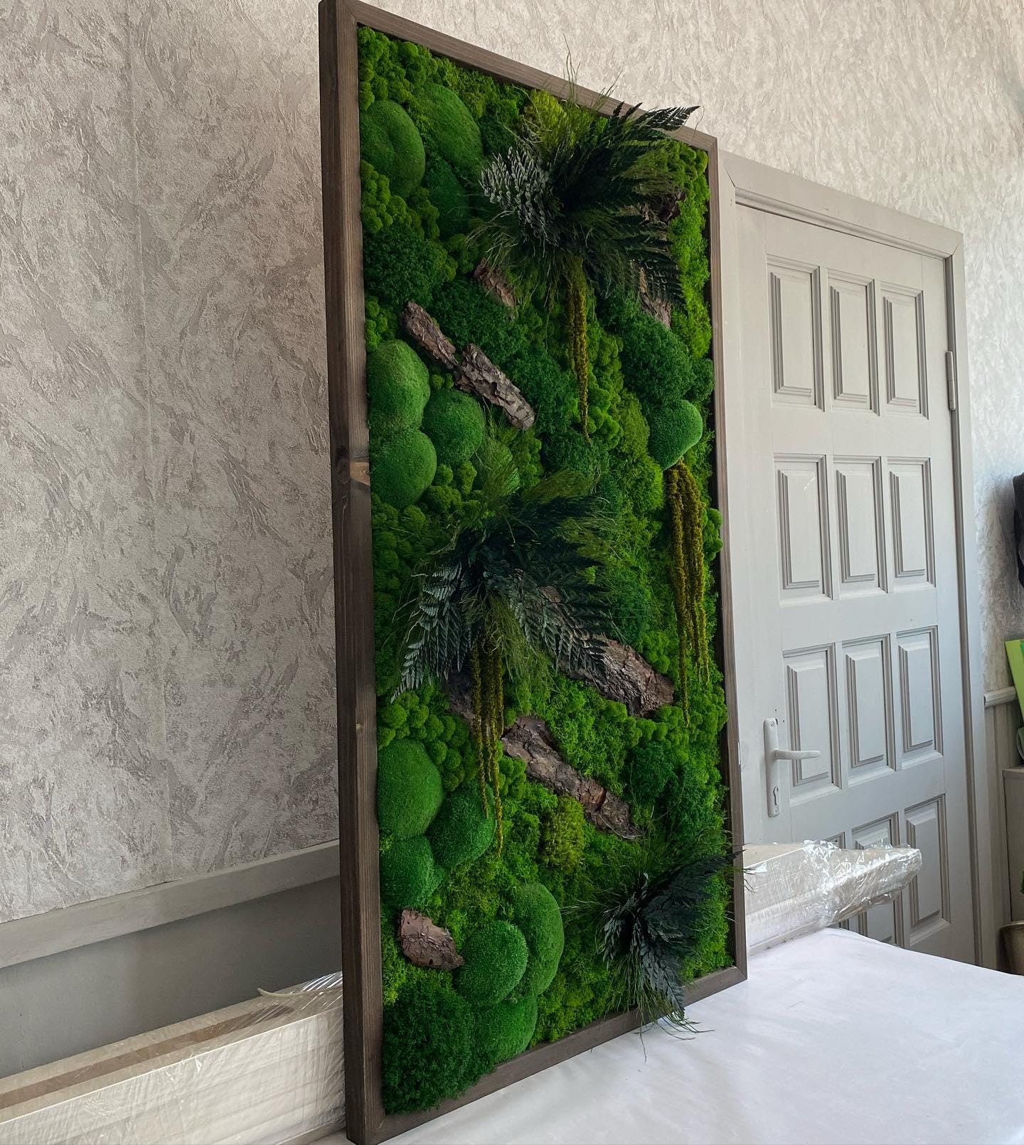 Moss Wood Art, Verdant Symphony: Moss, Bark, Fern & Tiks Grass Wall Art | Handmade Nature-Inspired Botanical Decor, Eco-Friendly