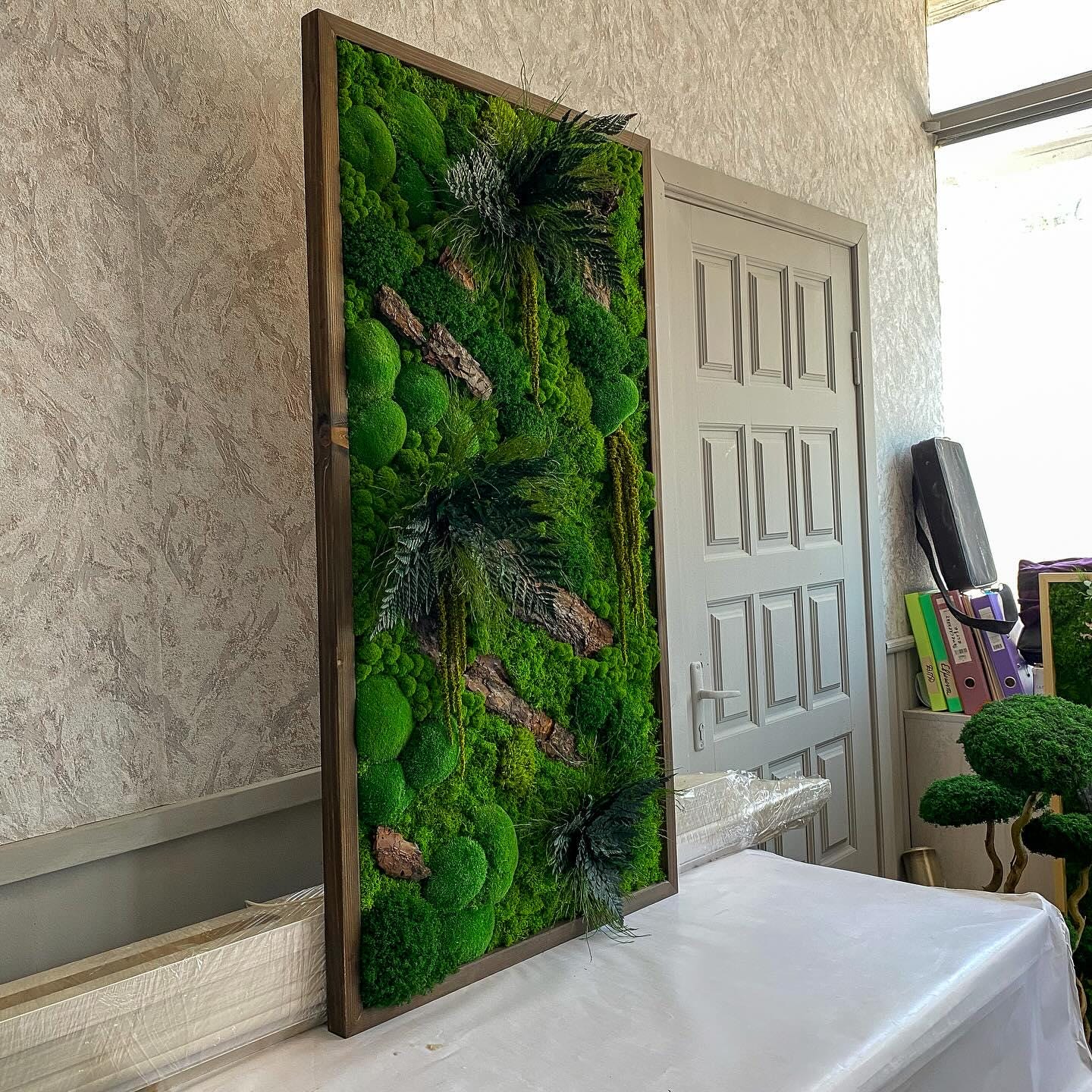 Moss Wood Art, Verdant Symphony: Moss, Bark, Fern & Tiks Grass Wall Art | Handmade Nature-Inspired Botanical Decor, Eco-Friendly