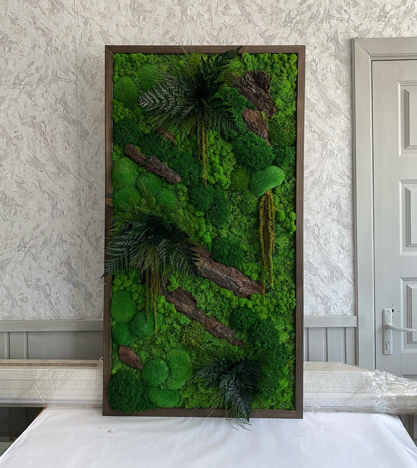 Moss Wood Art, Verdant Symphony: Moss, Bark, Fern & Tiks Grass Wall Art | Handmade Nature-Inspired Botanical Decor, Eco-Friendly