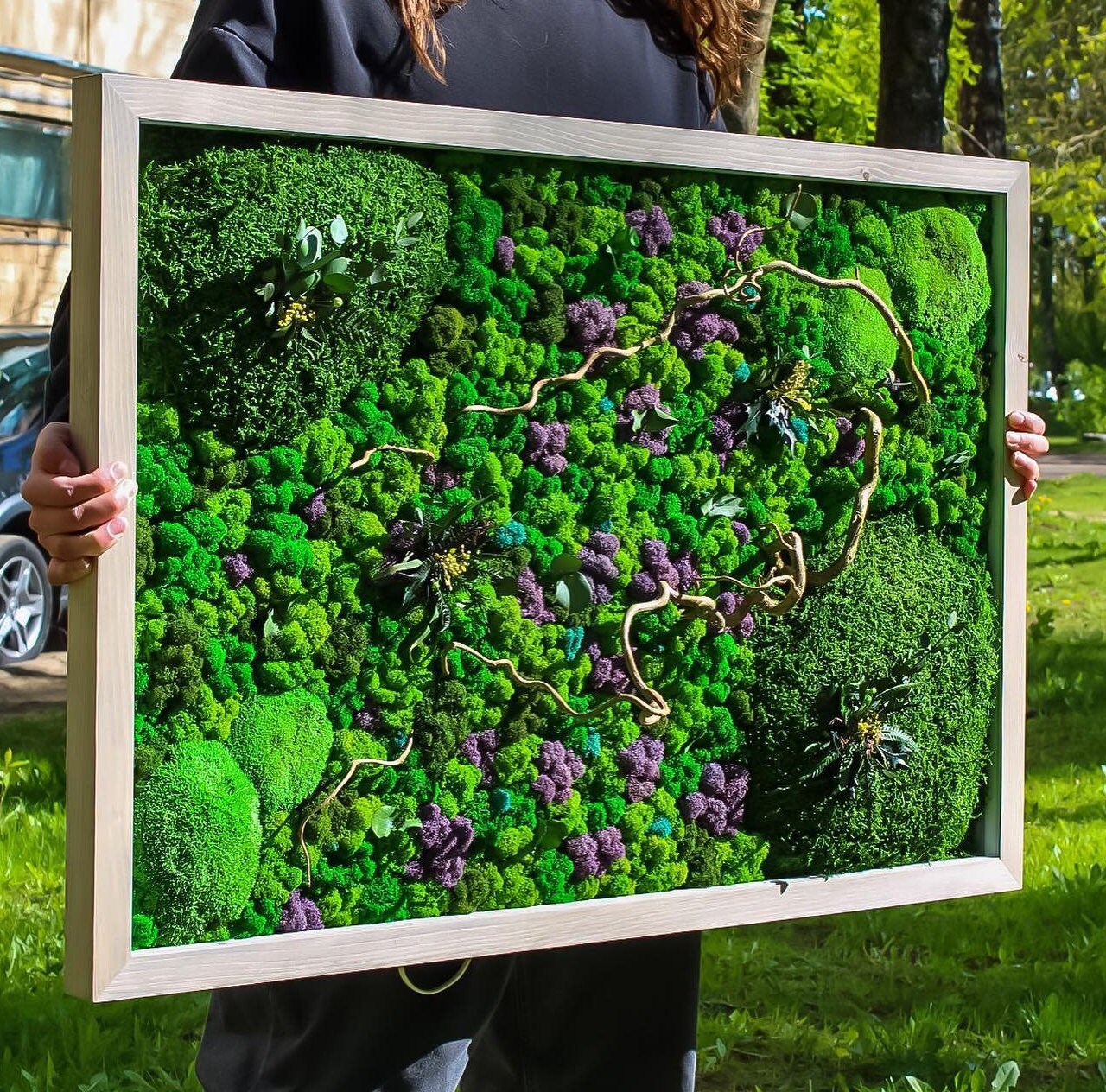Serene Moss Wall Art Purple Splashes & Wood Branches CAREFREE | VARIOUS-SIZE