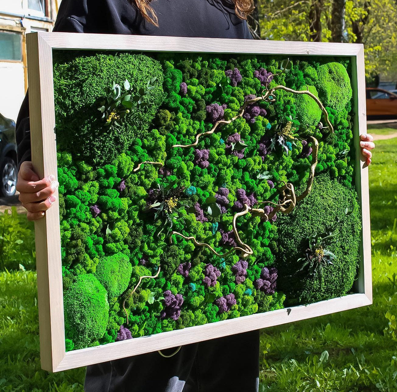 Serene Moss Wall Art Purple Splashes & Wood Branches CAREFREE | VARIOUS-SIZE
