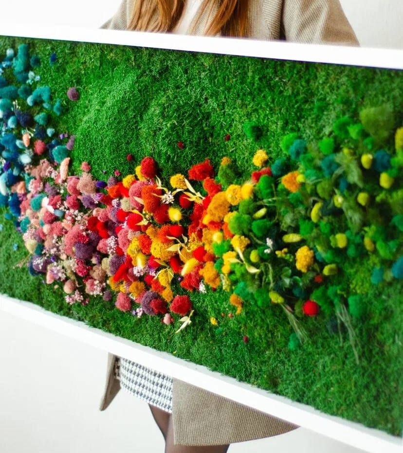 Rainbow Flowered Preserved Moss Wall Art | CAREFREE & VARIOUS-SIZE