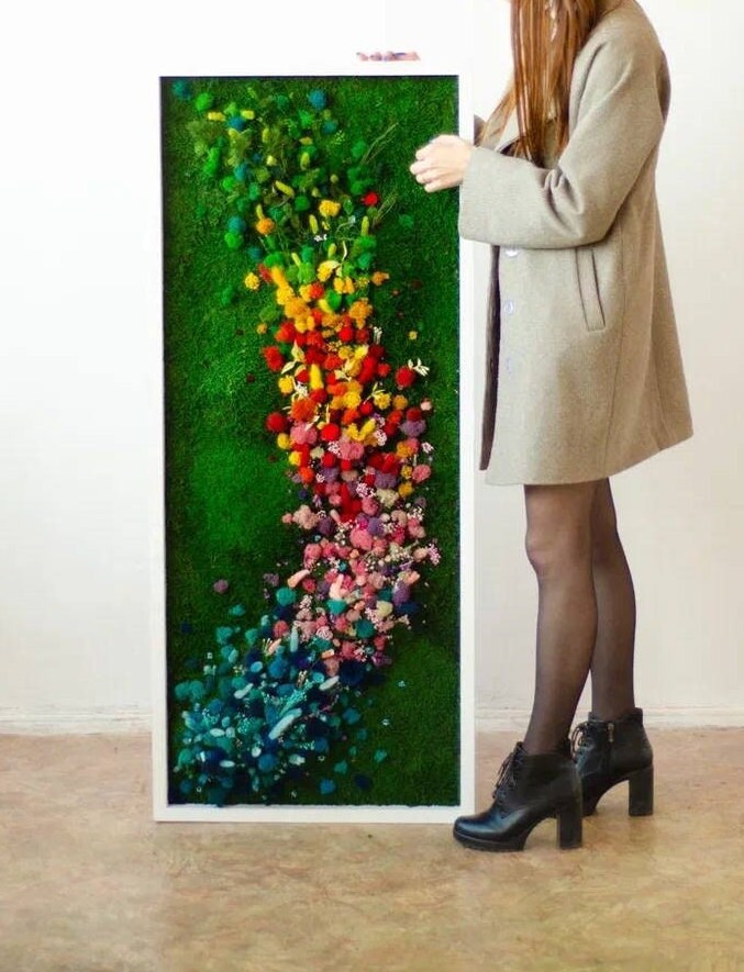 Rainbow Flowered Preserved Moss Wall Art | CAREFREE & VARIOUS-SIZE