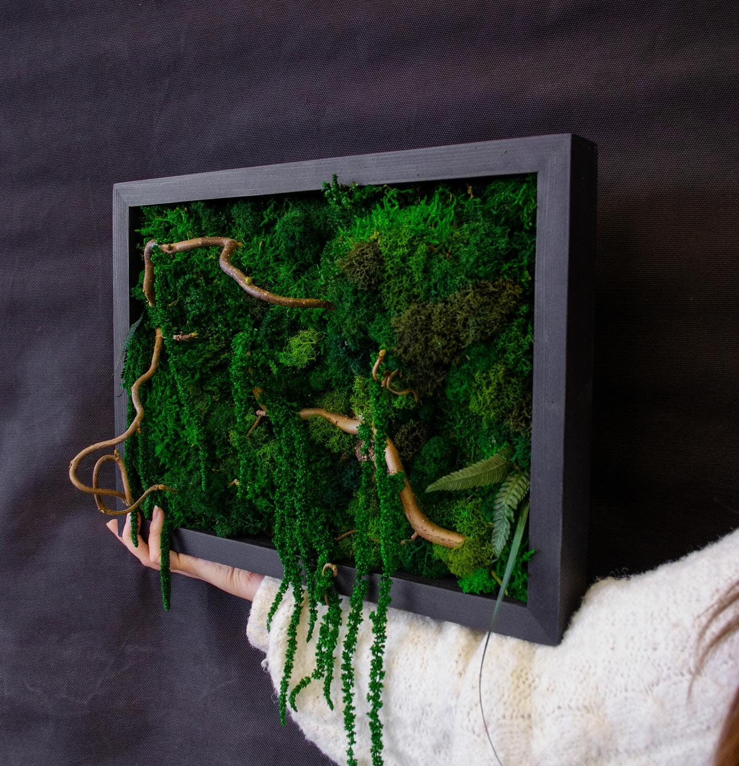 Verdant Visions Eco-Friendly Preserved Moss Wall Art, ferns, amaranthus, twisted branches | CAREFREE & VARIOUS-SIZE