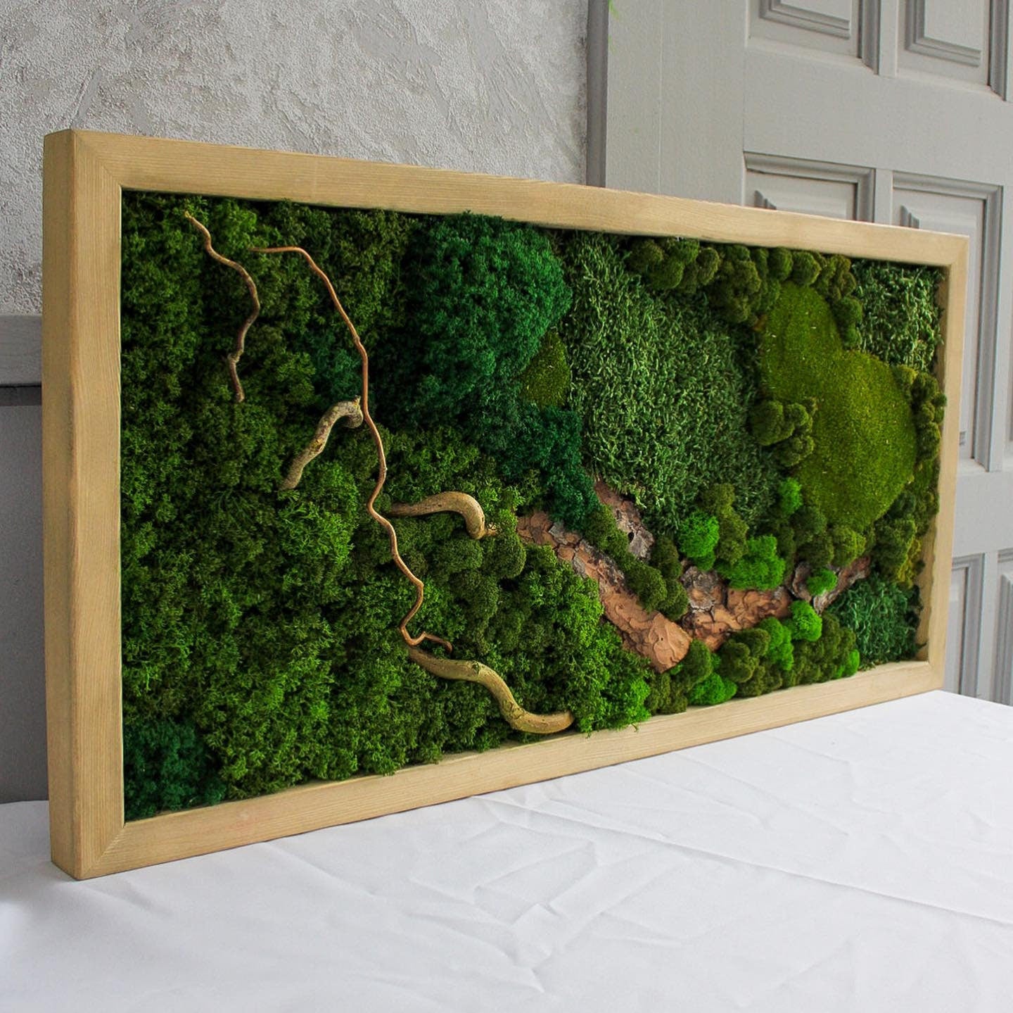 Eco-Friendly Woodland Moss Art, Preserved Moss Wall Decor with Bark & Branches, Perfect Unique Gift, No Maintenance | Custom Sizes