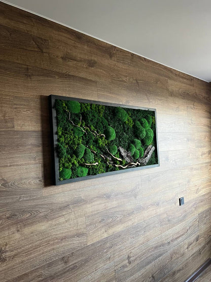 Eco-Friendly Woodland Moss Art, Preserved Moss Wall Decor with Bark & Branches, Perfect Unique Gift, No Maintenance | Custom Sizes