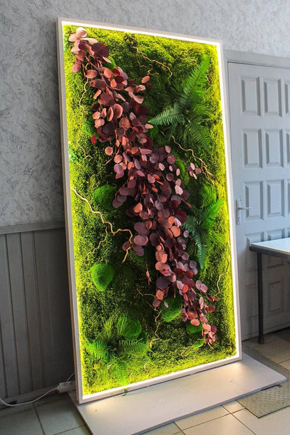 Warm LED Moss Art with Red Populus Eucalyptus, Fern, Tiki Grass and Twisted Branches | Mix Moss Botanical Wall Art | Eco-Friendly Home Decor