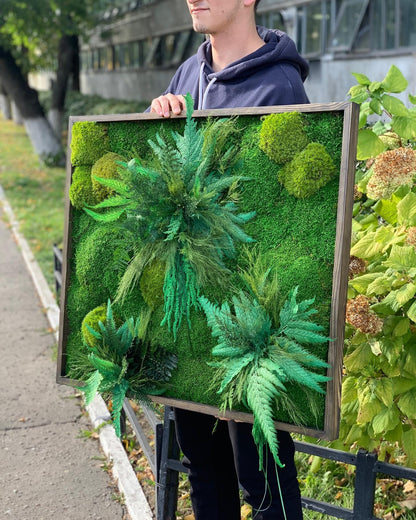 Lush Moss Art with Ferns & Amaranth, Tiki Grasses - Preserved Moss Wall Decor | Unique Eco-Friendly Art | Custom Sizes Available