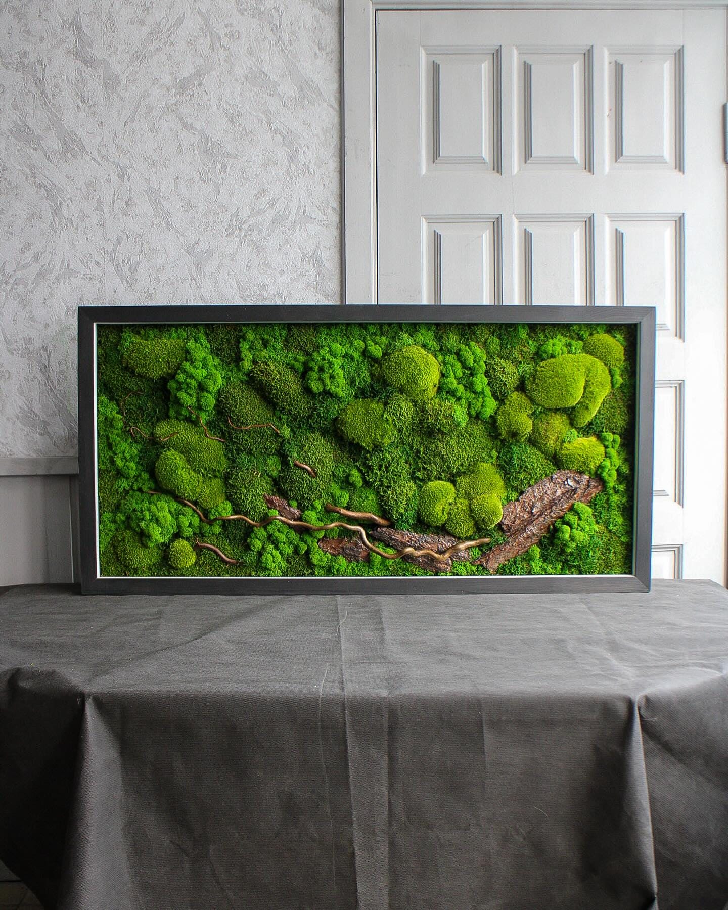 Warm LED-Lit Preserved Moss Art with Natural Bark & Branches, Eco-Friendly Rustic Decor, Handcrafted Botanical Wall Art | VARIOUS SIZES