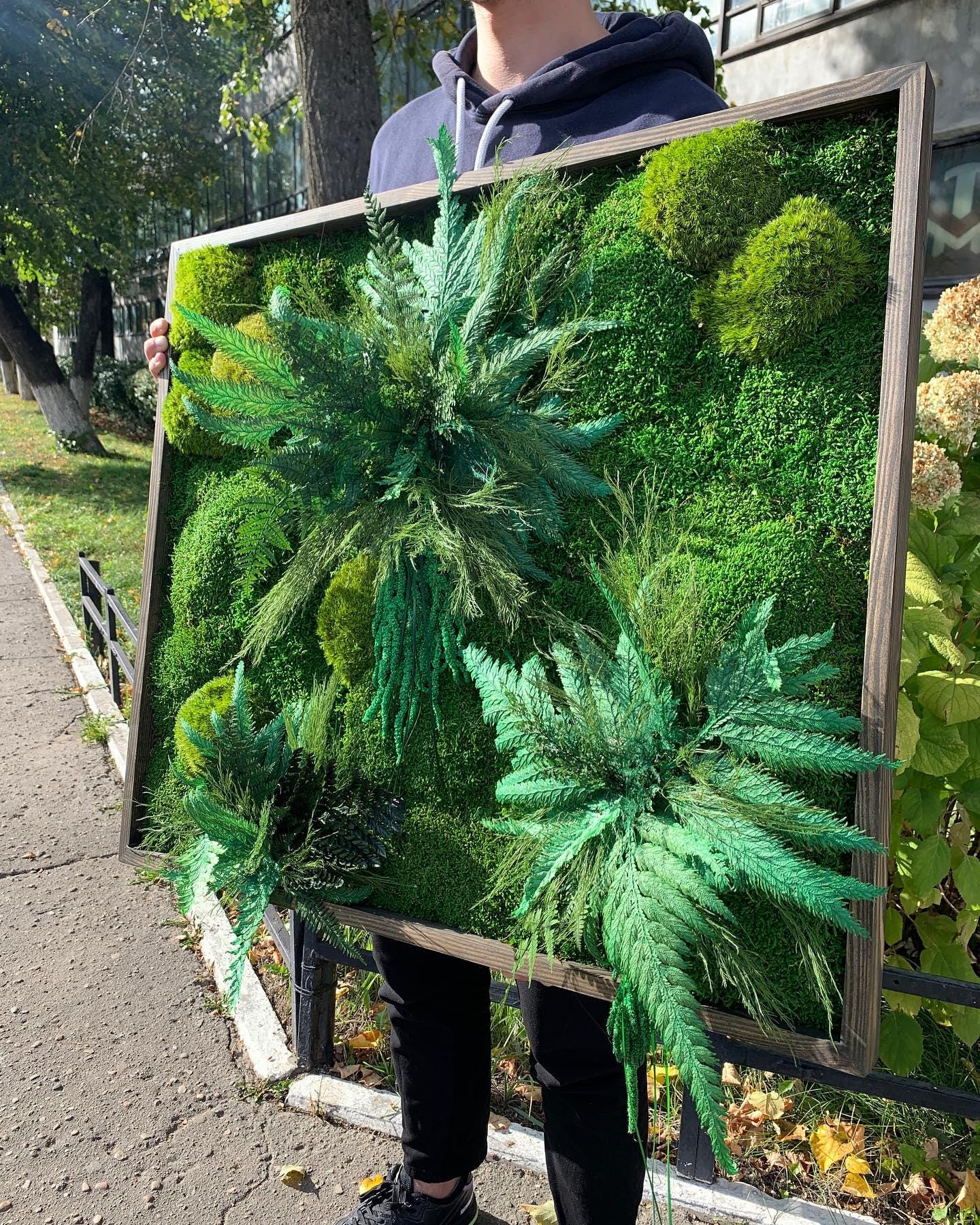 Lush Moss Art with Ferns & Amaranth, Tiki Grasses - Preserved Moss Wall Decor | Unique Eco-Friendly Art | Custom Sizes Available